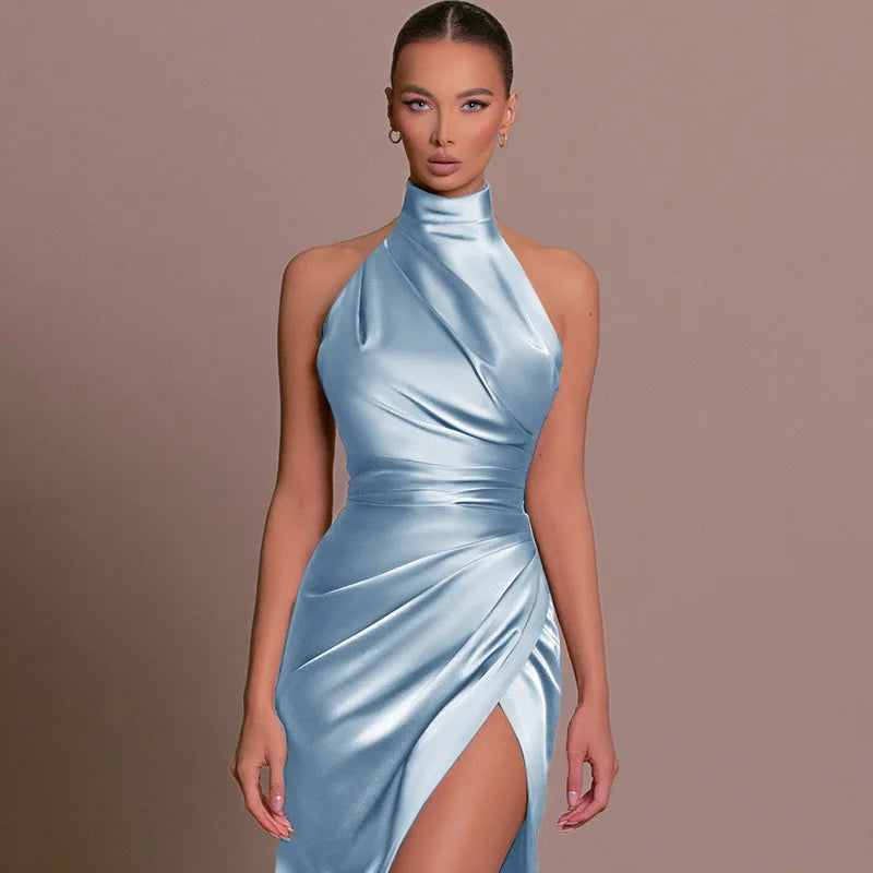 Sexy Satin Halter Dress - Ruched Slit Long Evening Gown