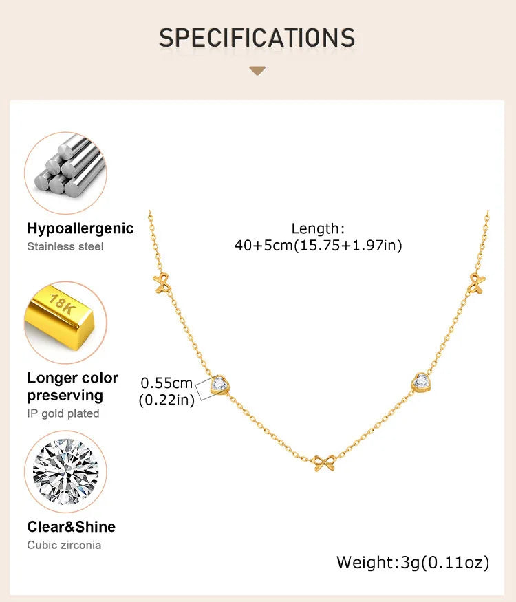 Stainless Steel Heart Cubic Zirconia Chain Necklace for Women, Bowknot Cherry Thin Link Chain Necklace Layered Jewelry