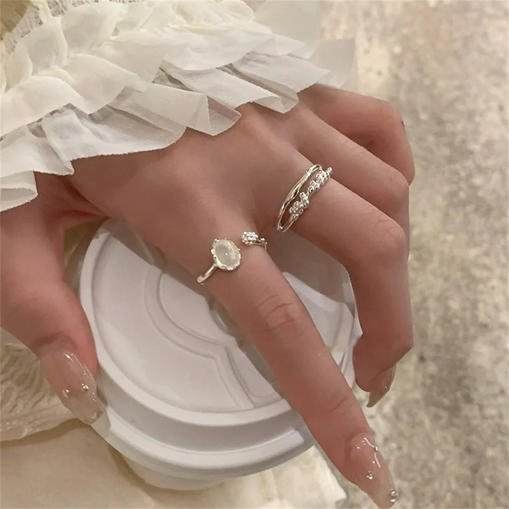 Simple Oval Moonstone Cuff Ring Silver Color Adjustable Ring Set Irregular Multi-layered Jewelry Fashion Party Gift