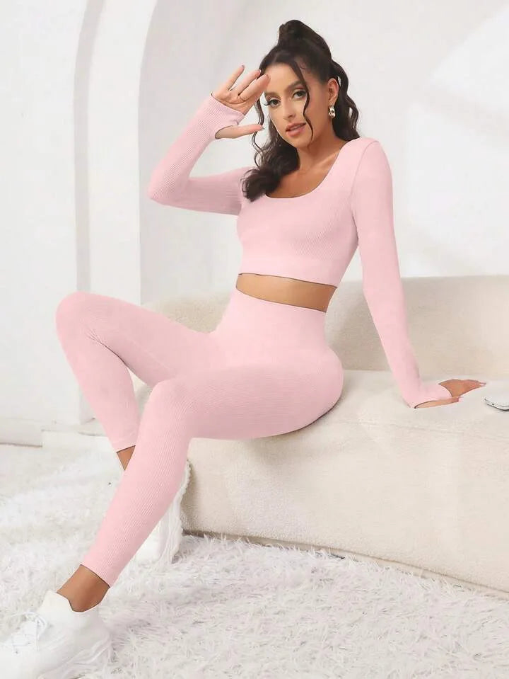 New autumn style threaded long sleeve trousers set, breathable and elastic, a good choice for sports yoga,