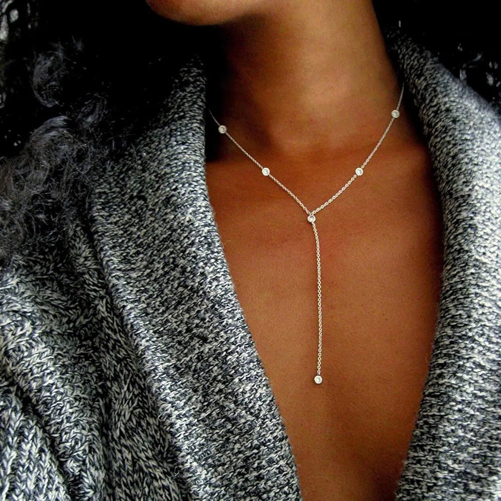 Silver Plated Necklace for Women, Dainty Gold Necklaces Gold Plated CZ Lariat Necklace for Women Boho Fashion Jewelry Womens