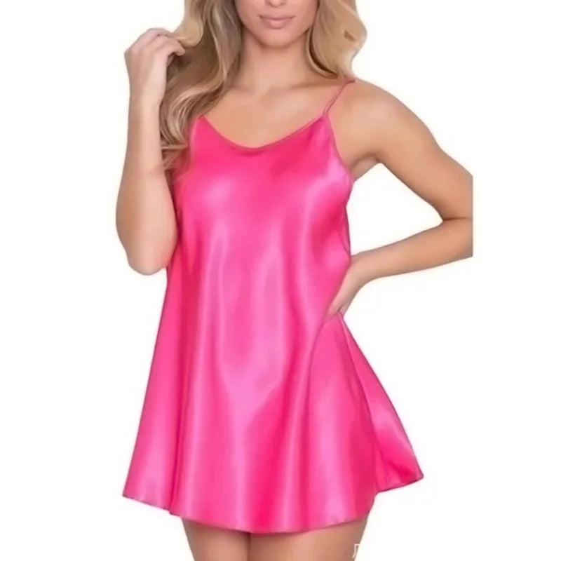 Silk Satin Women Nightgown Sleeveless Cross Back Sleepwear Summer Round Neck Nightwear Pajama Dress Female Homewear Cloth