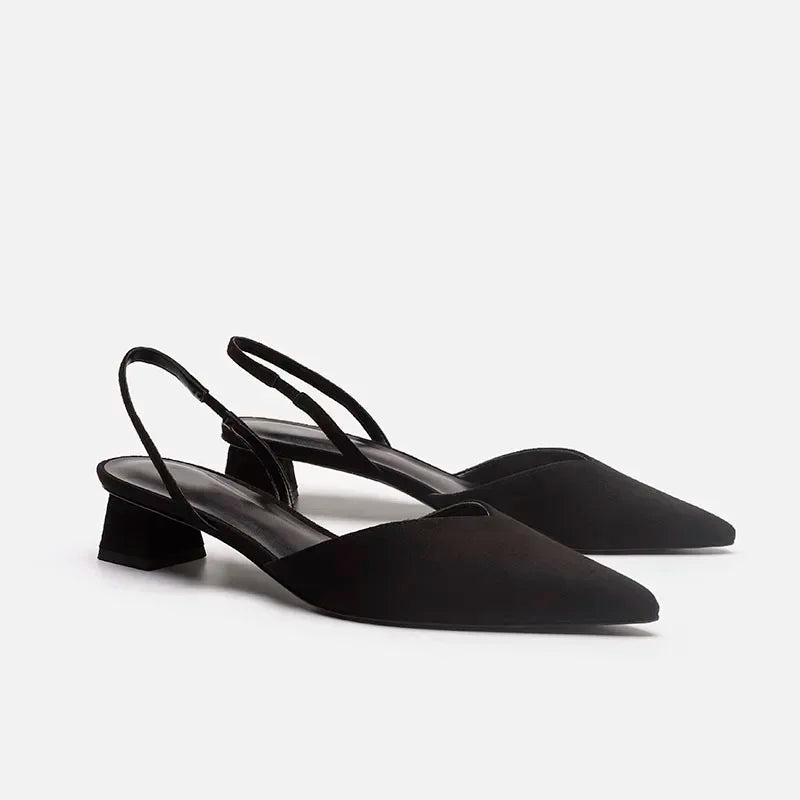 Summer 2025 Black Fashion Sandals - Silk Pointed Toe Low Heel Pumps
