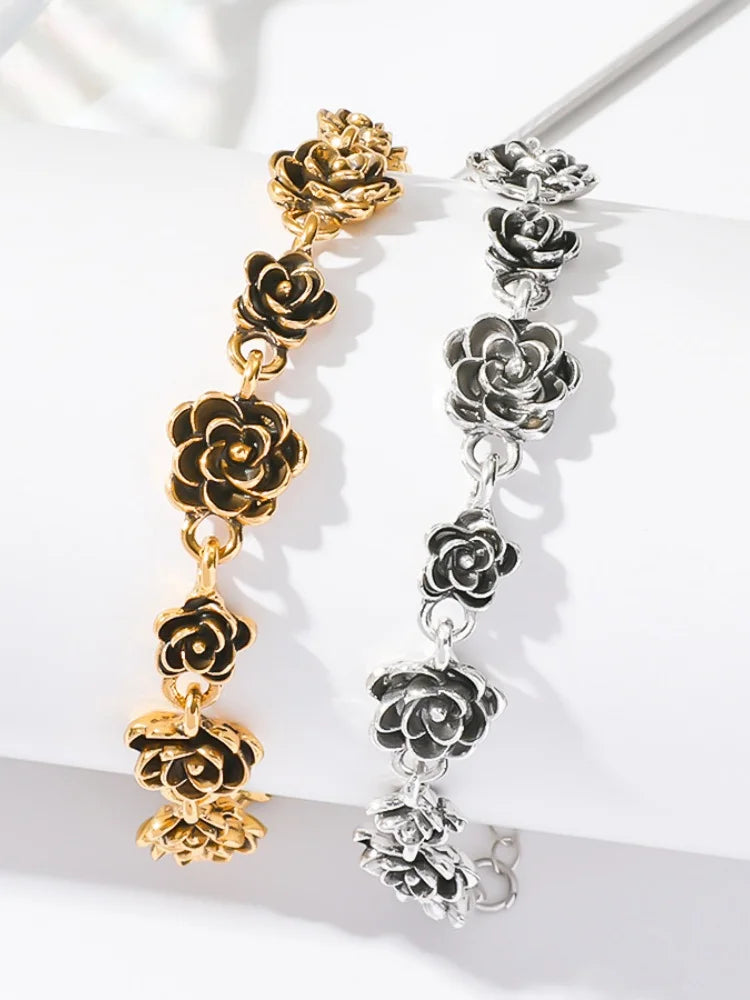 Vintage  rose bracelet female ins style European and American design sense alloy flower bracelet temperament hand jewelry