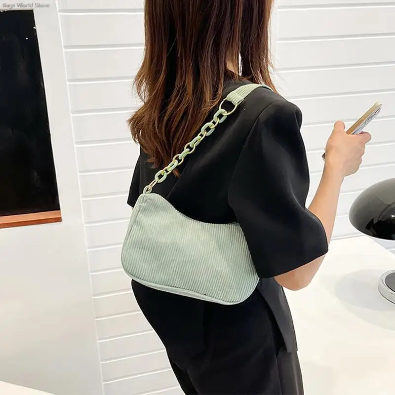 1pc Fashion Vintage Women Handbags Corduroy Underarm Bag Casual Women Shoulder Bags Solid Color Zipper Female Handbag Clutch