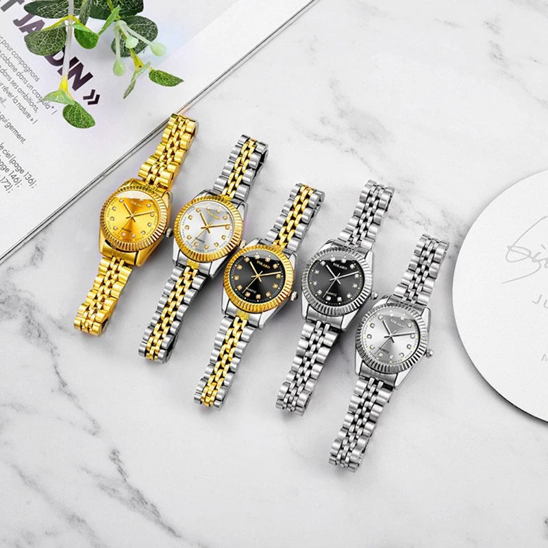 Watches for Women Simple Casual Student Fashion Quartz Diamond-Encrusted Steel Band Calendar Gold Set Men's Watch Couple