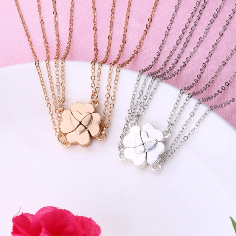 4 Piece Four Leaf Clover Stitching Necklace Magnet Stone BFF Friendship Heart Pendant Chain Choker Necklace Jewelry Dropship
