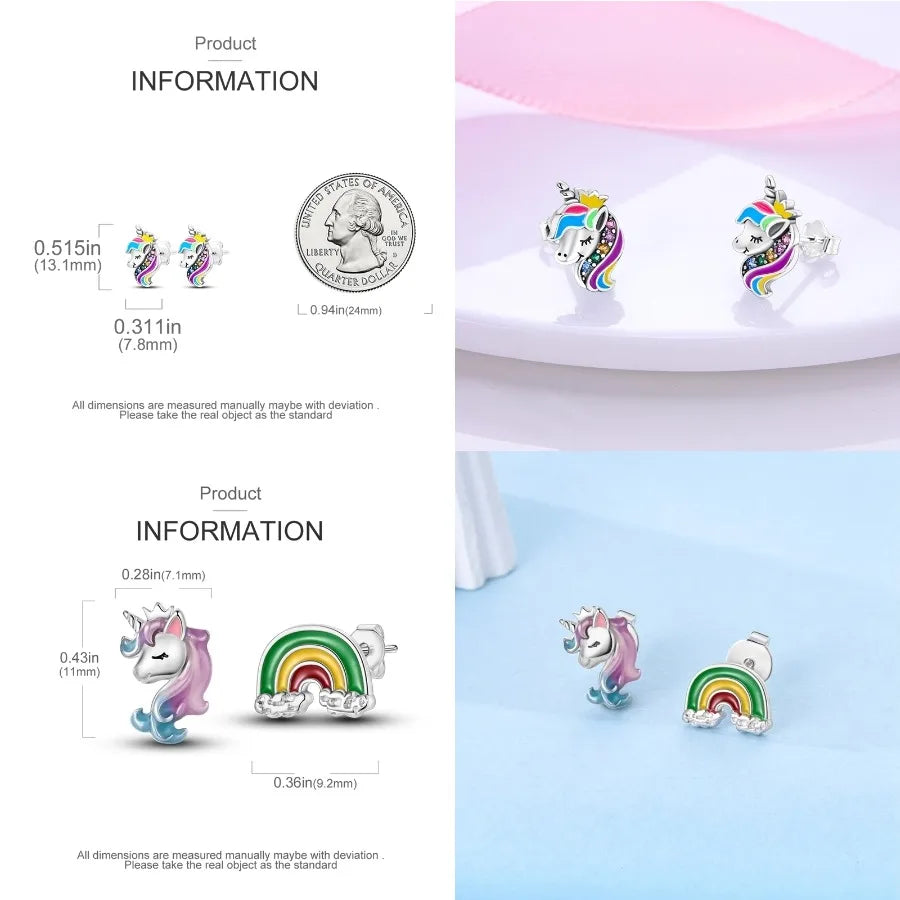 Unicorn Earrings 925 Sterling Silver Original Zircon Elephant Feather Dog Cat Blue Star Small Earrings For Women Jewelry Gift