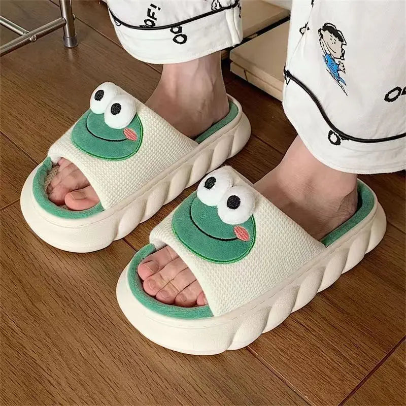 Women's Cartoon Frog Linen Slippers - Soft Thick Sole Anti-Slip Home Shoes