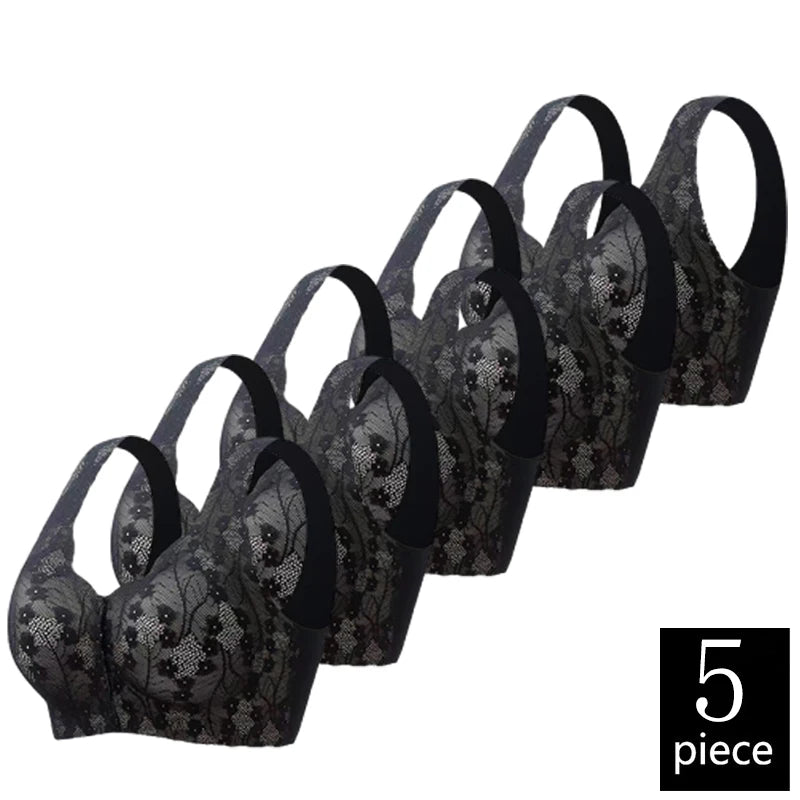 FallSweet 5PCS Front Closure Bra for Moms Lace  Seamless Push Up Brassiere Plus Size Wireless Brassiere for Middle-aged Women