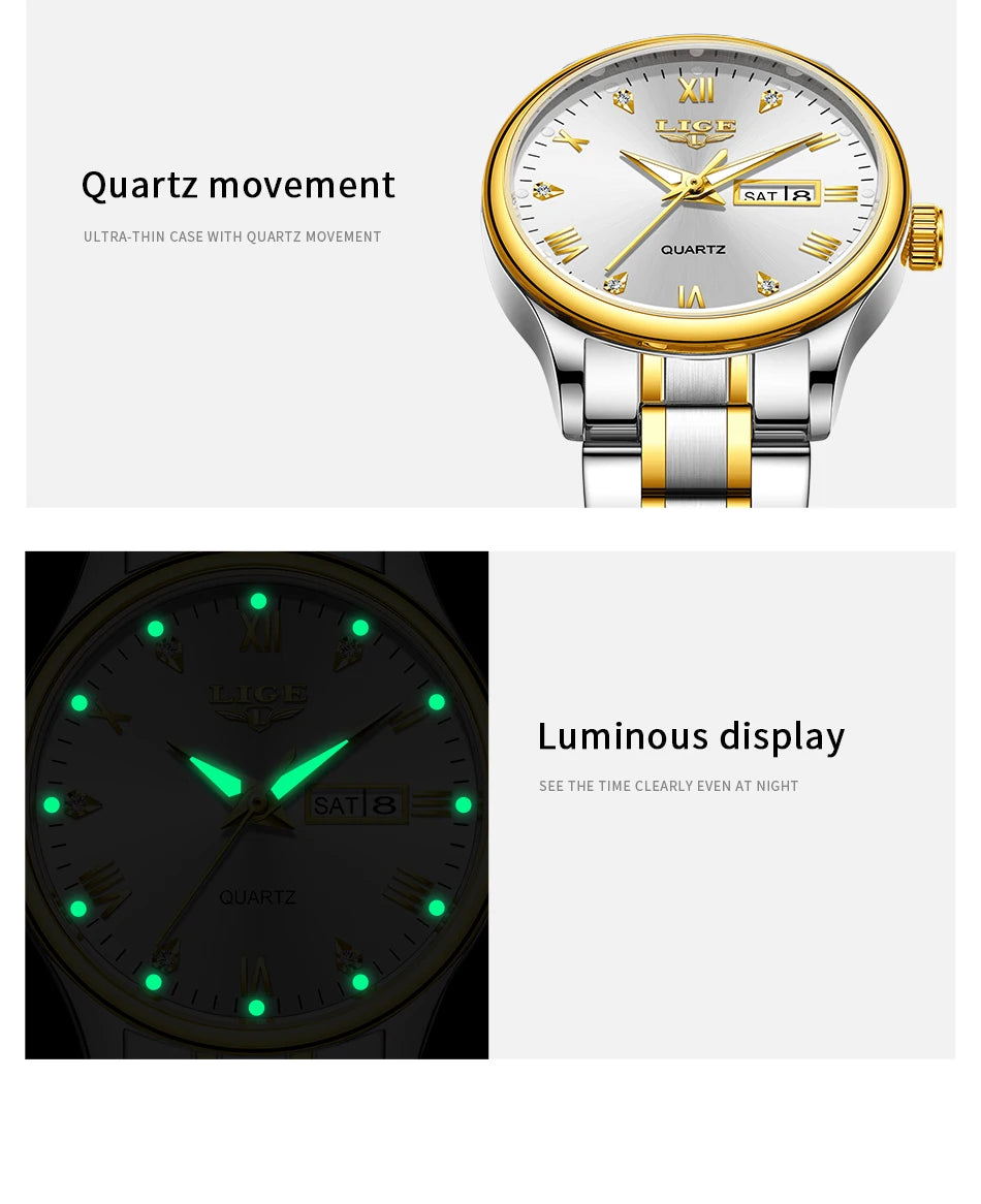 LIGE Women Wrist Watch Original Watches for Ladies Waterproof Stainless Steel Luxury Quartz Woman Wristwatch Diamond Dial Clock