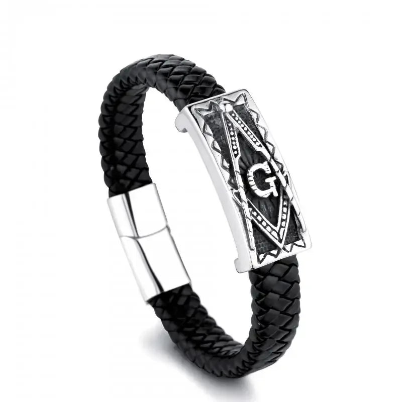 Vintage Braided Leather Masonic Totem Bracelet Men's Single Layer Leather Magnetic Bracelet Fashion Party Trendy Jewelry Gift