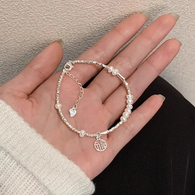 New 925 Silver Geometric Bead Pearl Punk Irregular Asymmetric Adjustable Bracelet For Woman Girl Fashion Jewelry Gift Dropship