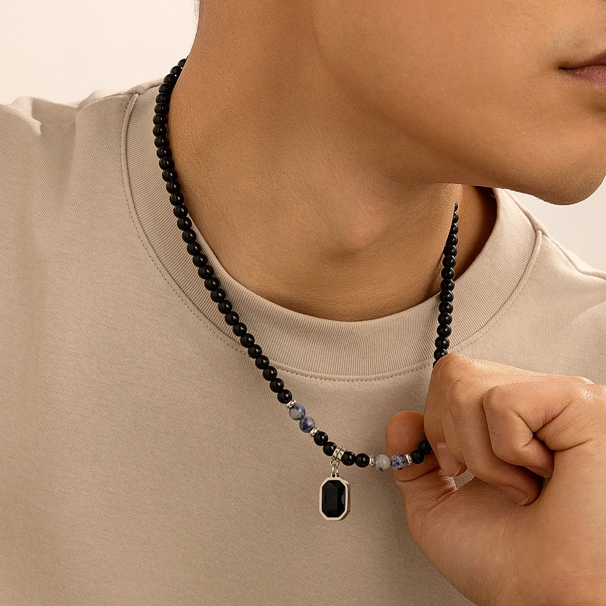HNSP Black Crystal Pendant Bead Rosary Necklace For Men Jewelry Accessories