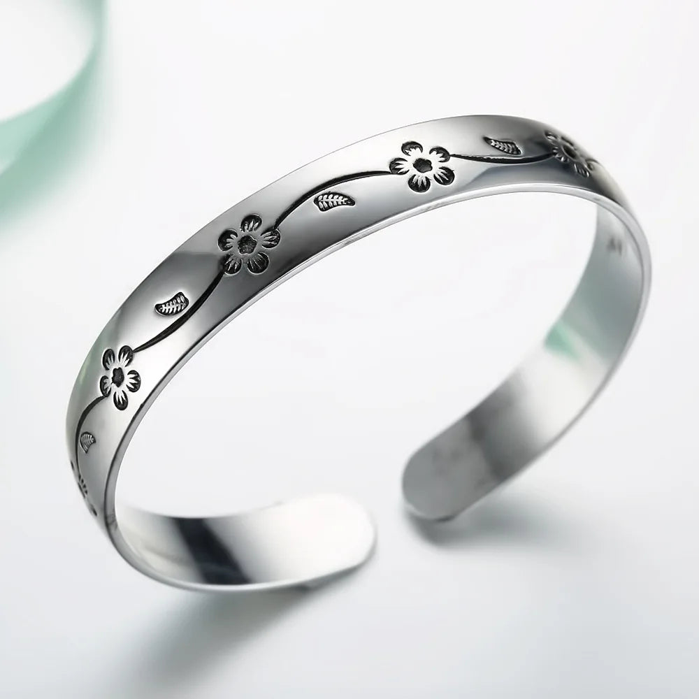 Buyee 925 Sterling Silver Female Bangles Circle Plum Bossom Open Bangles for Women Fashion Fine Jewelry Bangles Gift