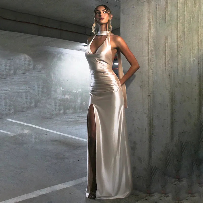 Sexy Satin Halter Dress - Ruched Slit Long Evening Gown