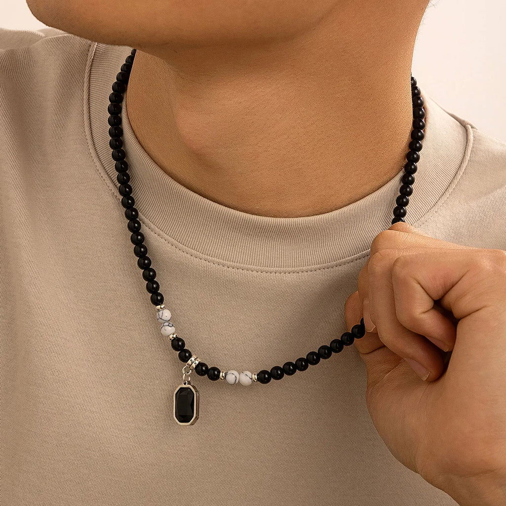 HNSP Black Crystal Pendant Bead Rosary Necklace For Men Jewelry Accessories