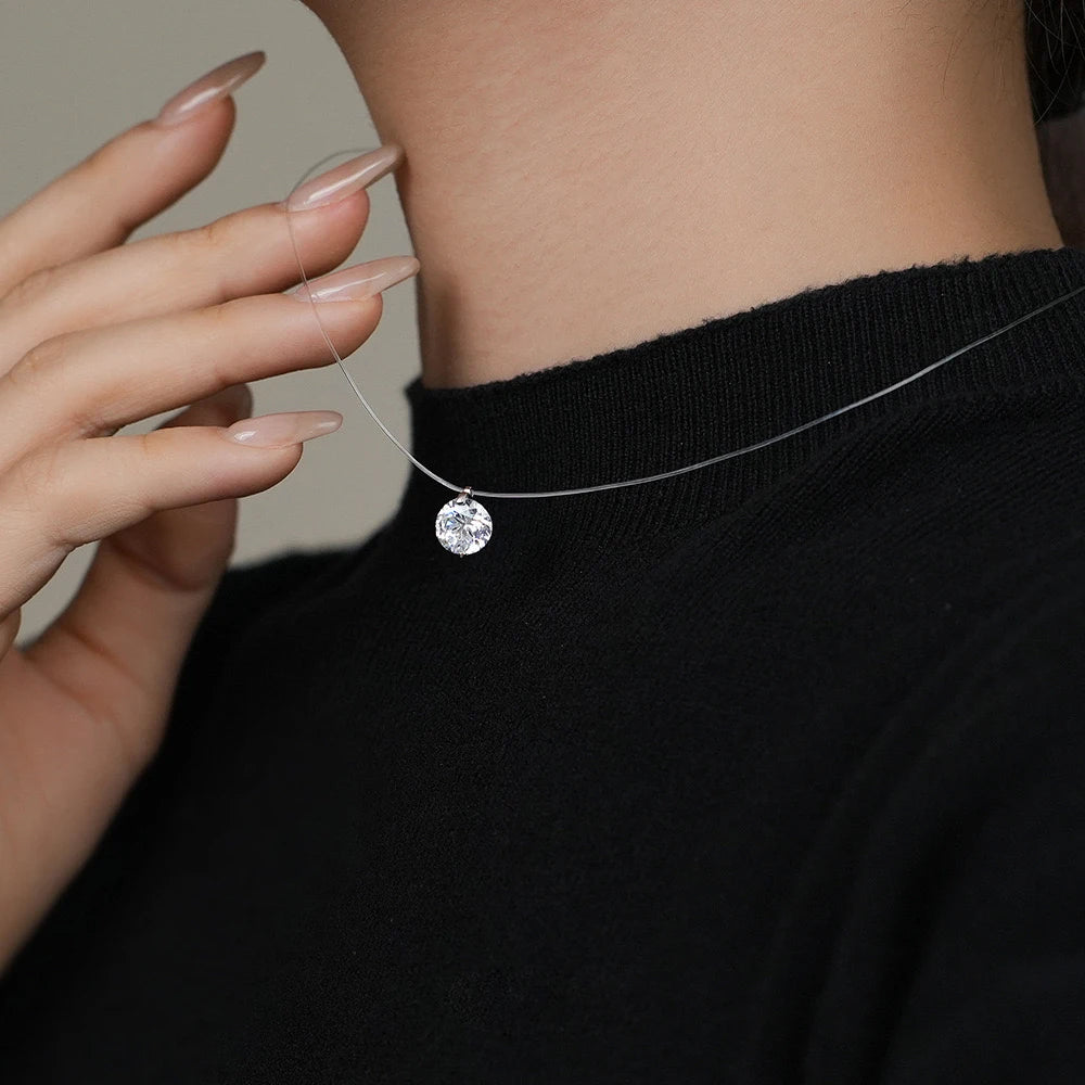 IGOTOS 0.5-5CT Moissanite Pendant Necklace Women GRA Certified 925 Sterling Silver Transparent Fishing Line Choker Chain Jewelry
