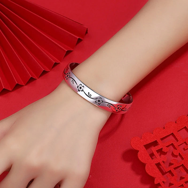 Buyee 925 Sterling Silver Female Bangles Circle Plum Bossom Open Bangles for Women Fashion Fine Jewelry Bangles Gift