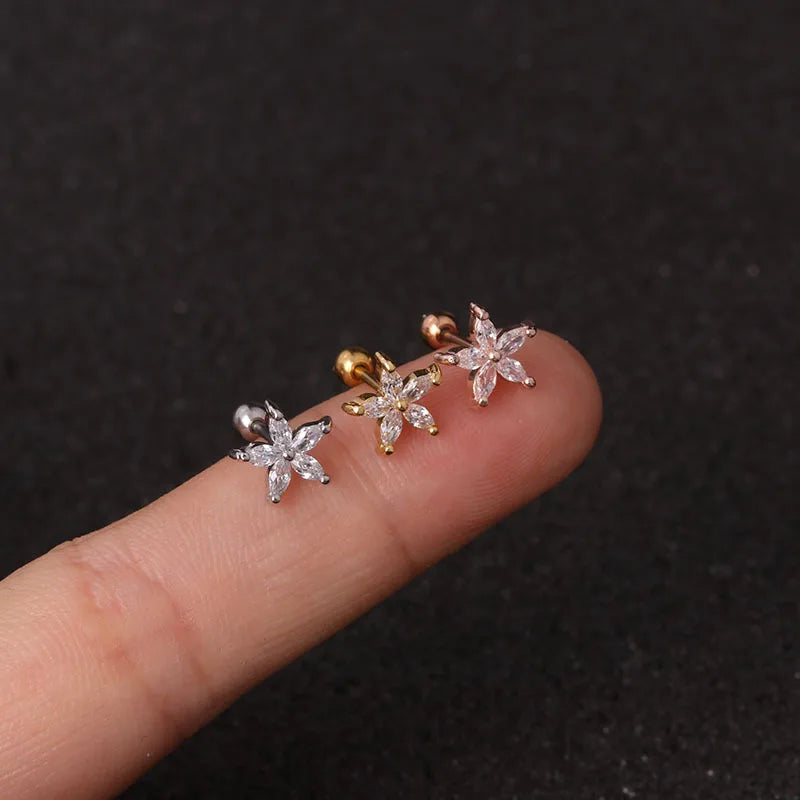 1PC Stainless Steel Gold Color Silver Color Flower CZ Tragus Cartilage Helix Star Ear Stud Piercing Zircon Daith Earring