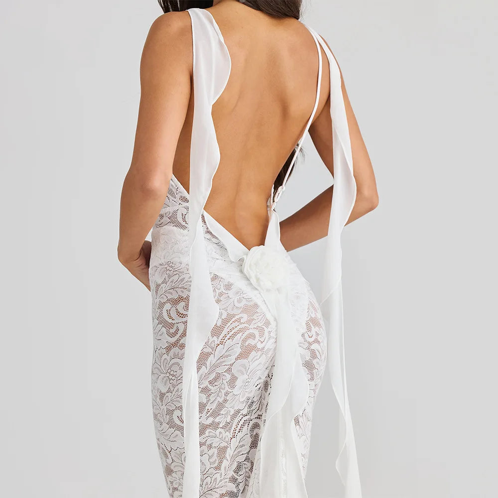Articat Sexy Sleeveless Lace Patchwork Print Women Backless Party Evening Dress 2024 New Trailing Long Skirt Flowing Vestido