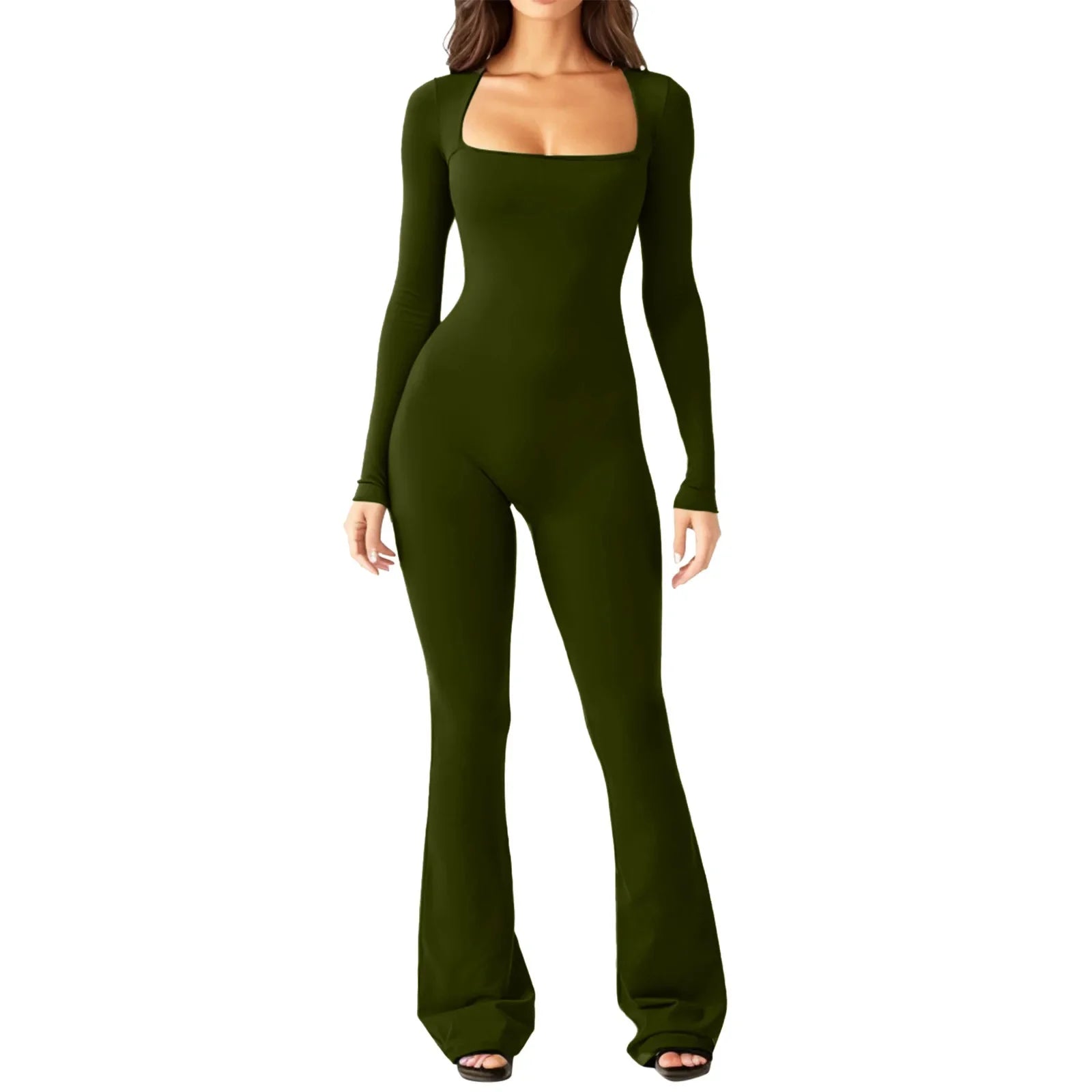 Women's Yoga Suit Long Sleeve Belly Tie Waist Hip Lift Square Neck Wide Leg High Elastic Jumpsuit