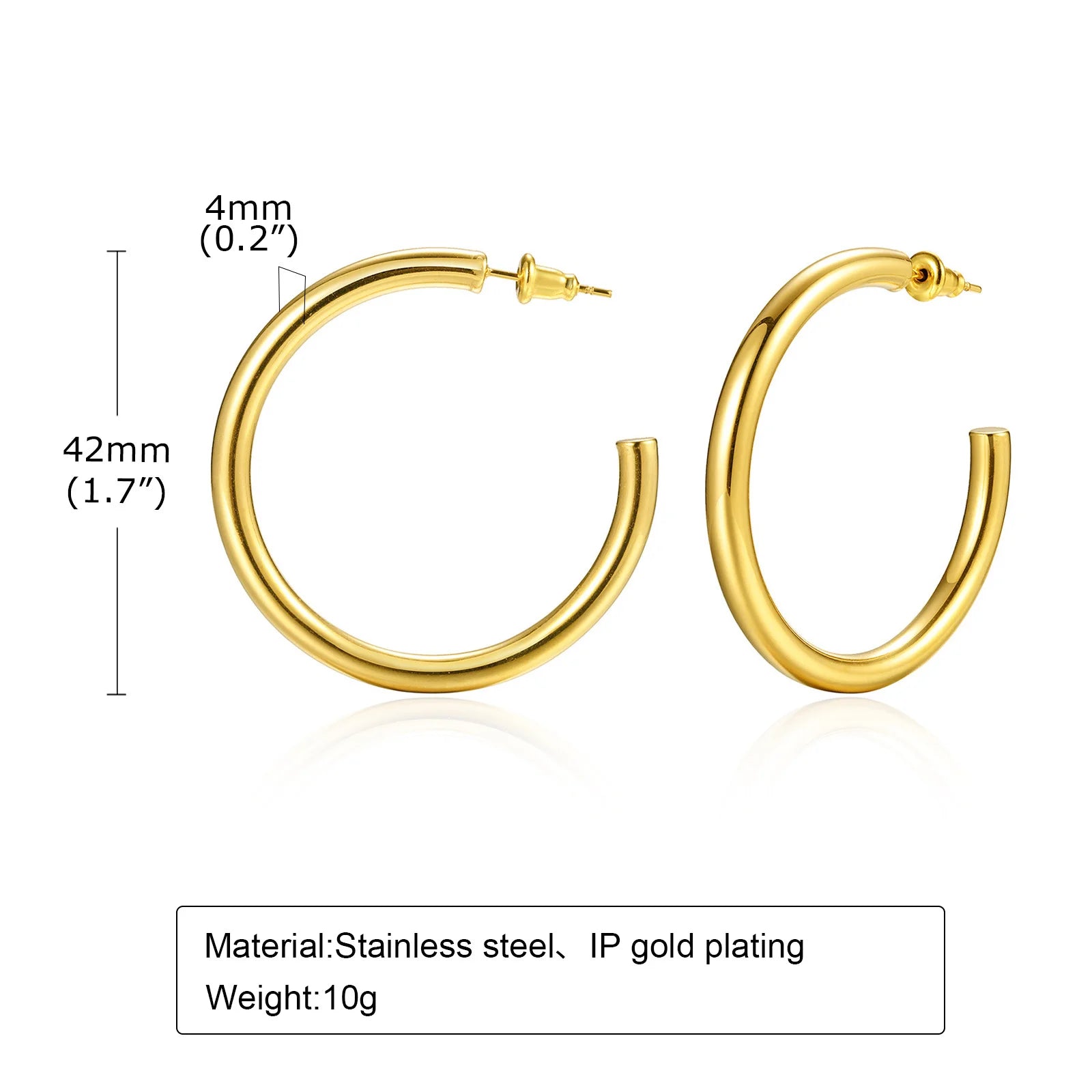 Waterproof Chunky Circle Hoop Earrings For Women, Gold Plated Stainless Steel Loop Earring 25/42/50/63mm