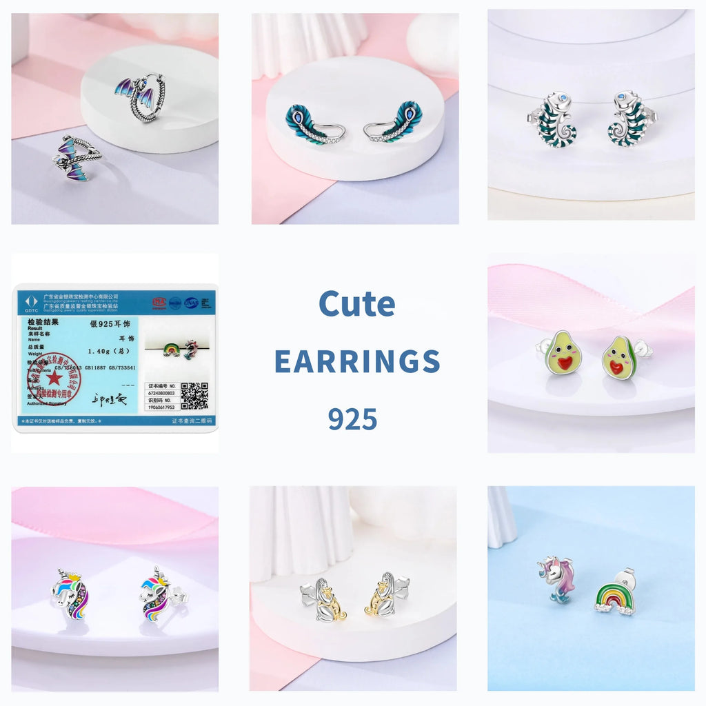 Unicorn Earrings 925 Sterling Silver Original Zircon Elephant Feather Dog Cat Blue Star Small Earrings For Women Jewelry Gift