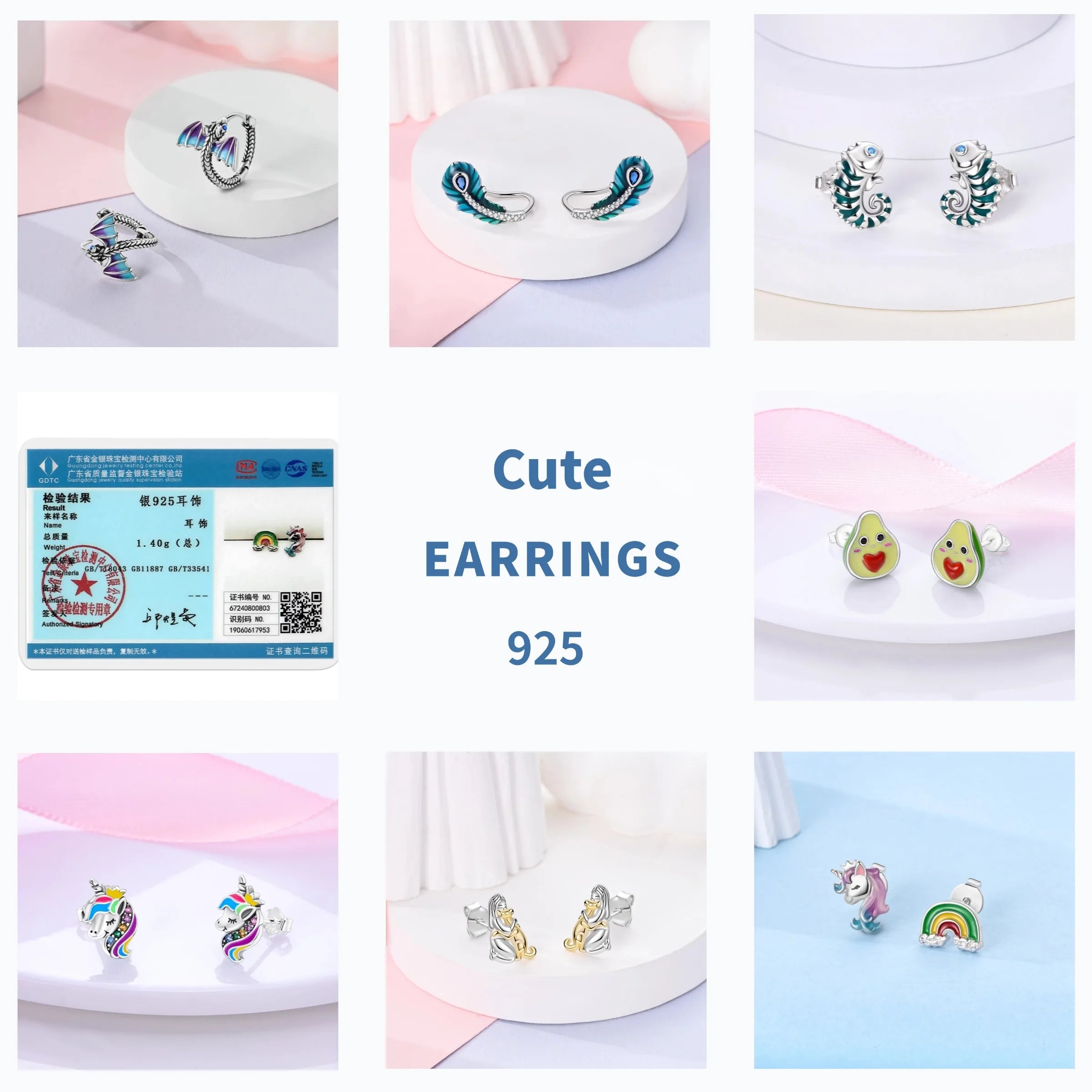 Unicorn Earrings 925 Sterling Silver Original Zircon Elephant Feather Dog Cat Blue Star Small Earrings For Women Jewelry Gift