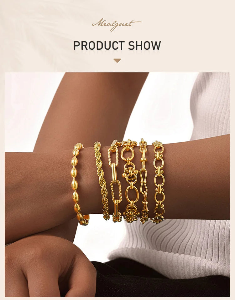 Chunky Stainless Steel Link Chain Bracelet For Woman, Gold Plated Layering Bracelets Wristband Waterproof Jewelry