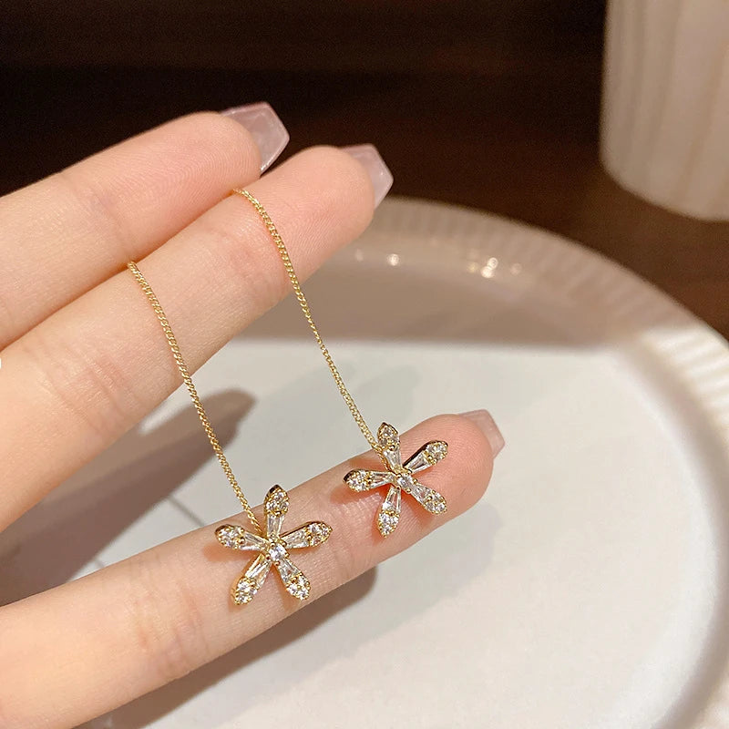 S925 Silver Needle Micro-inlaid Zircon Flower Ear Line Exquisite Light Luxury High Quality Drop Earring Star Jewelry Gifts
