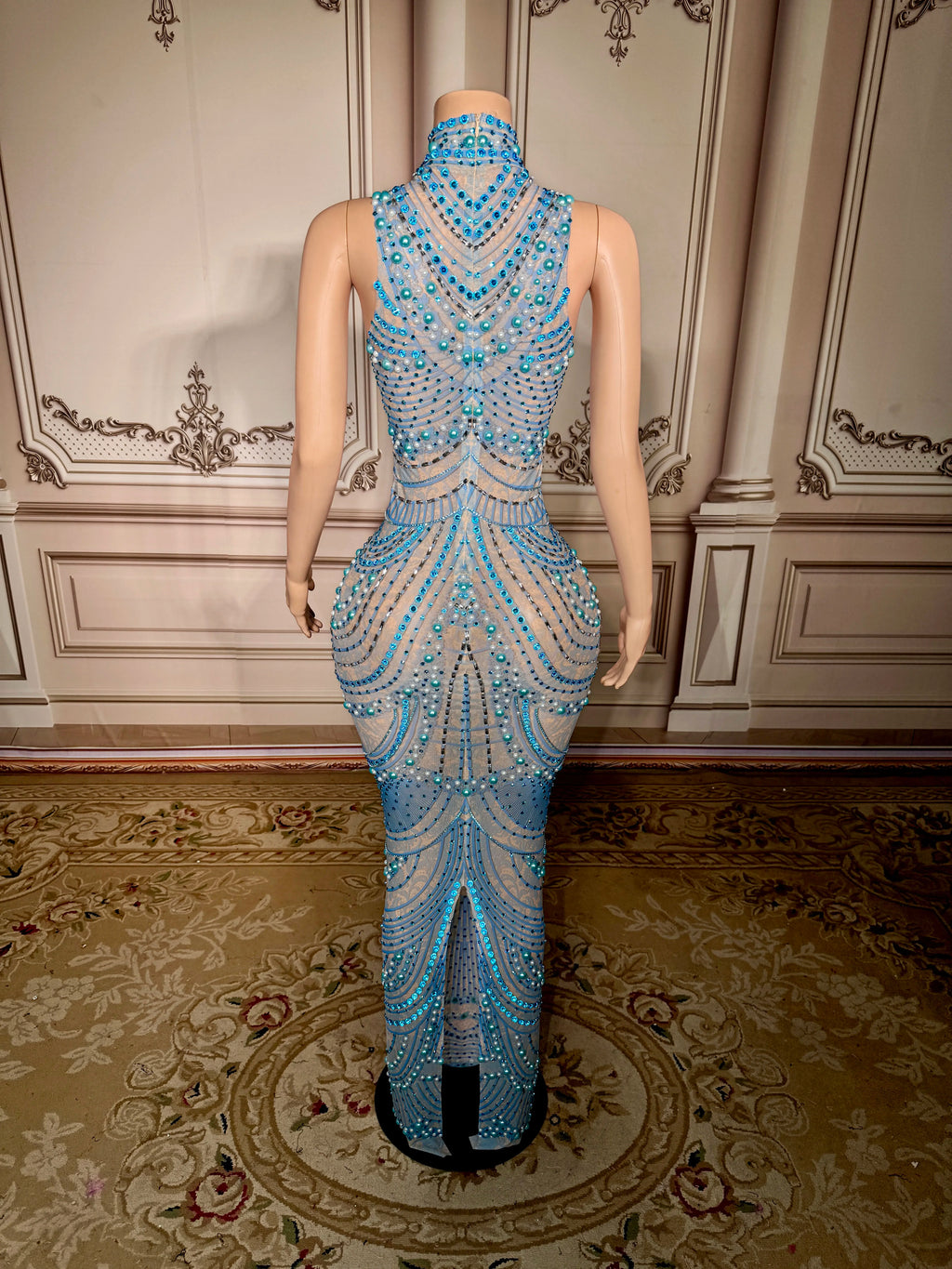ZD Women's Sexy See Through Sheer Mesh Long Sleeve Hollow Out Rhinestone Decor Floor-length Party Dress