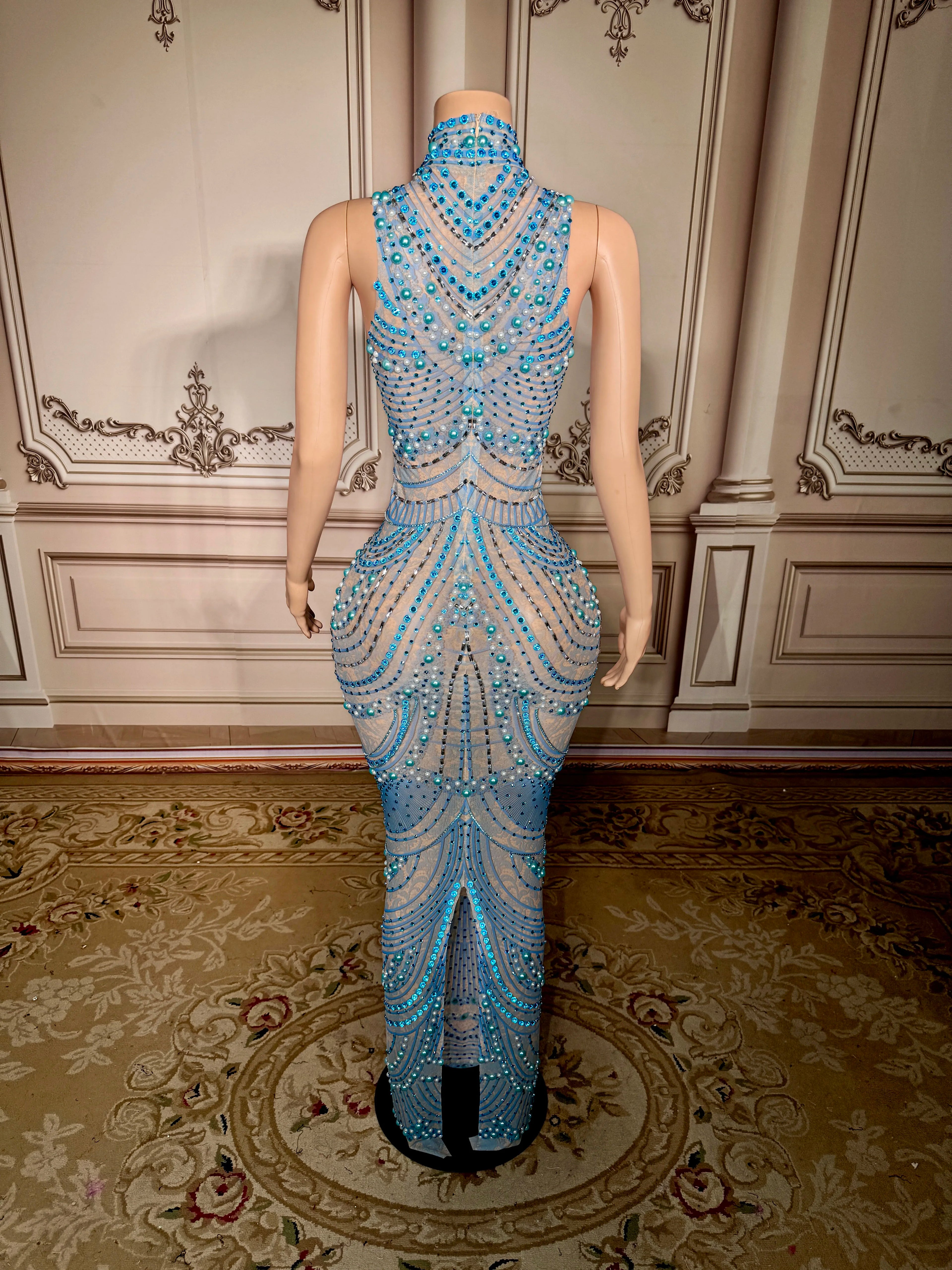 ZD Women's Sexy See Through Sheer Mesh Long Sleeve Hollow Out Rhinestone Decor Floor-length Party Dress