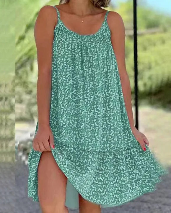 Cross border European and American Summer New Rural Style Big Swing Skirt with Floral Blossoms, Sleeveless Strap, Vest Dress