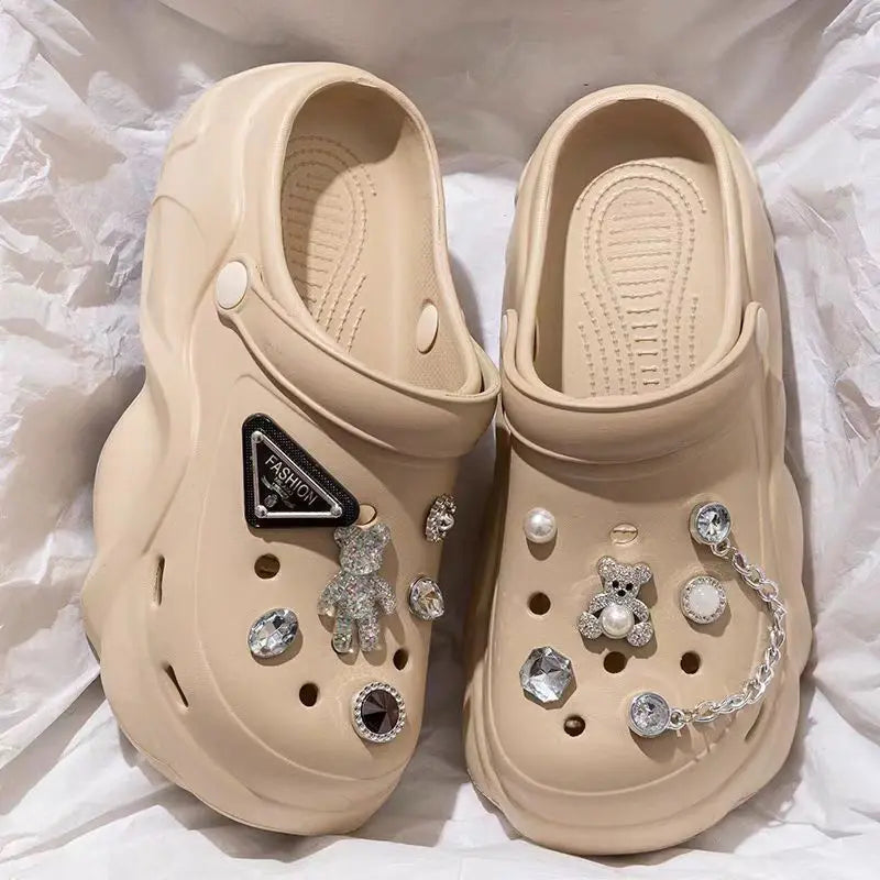 Women DIY Silver Chains Fashion Bear Decor Clogs Summer Sping Autumn Beach Sandals Cave Hole Garden Shoes For Students Girls New