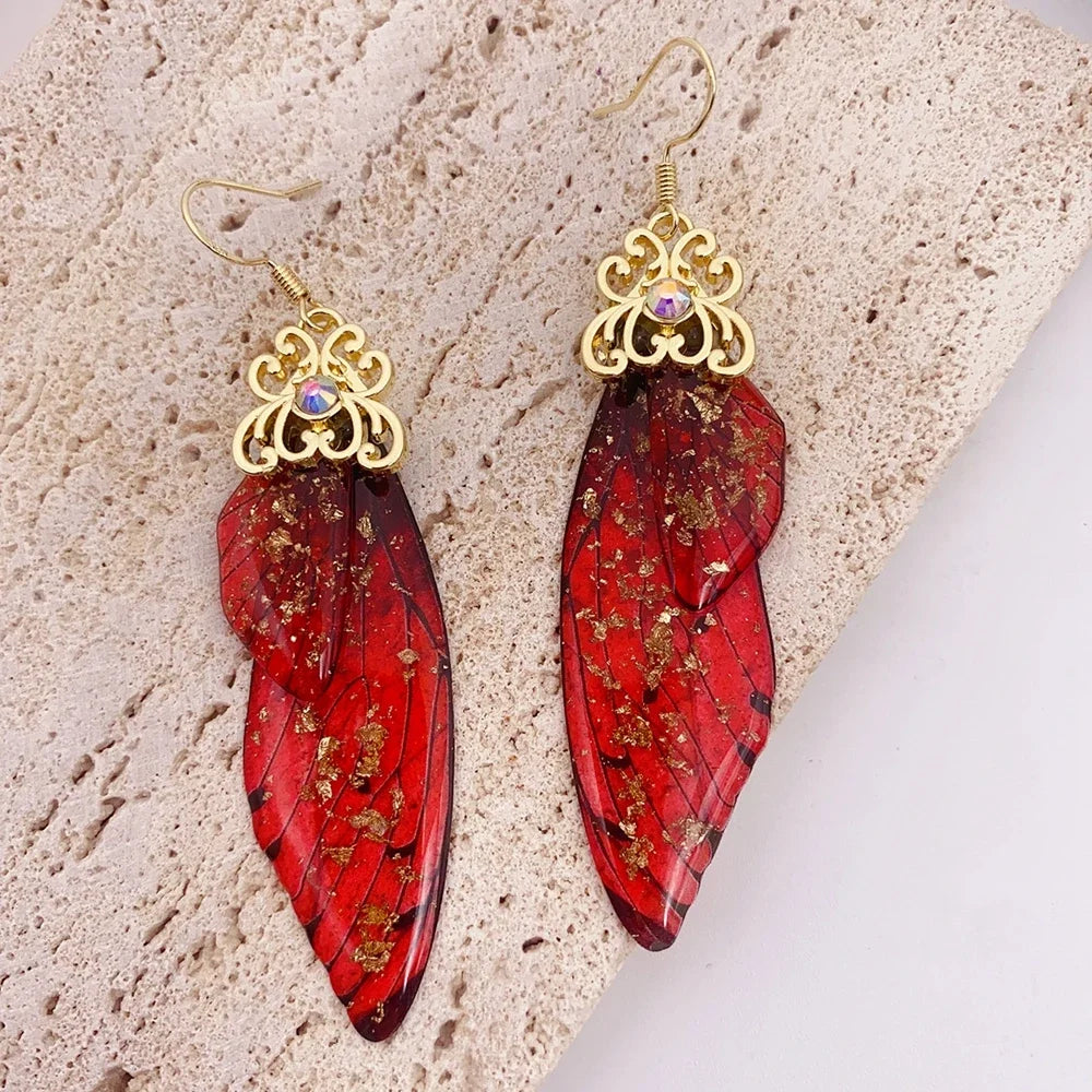 Handmade Fairy Simulation Wing Earrings Insect Butterfly Wing Drop Earrings Foil Rhinestone Earrings Romantic Bridal Jewelry