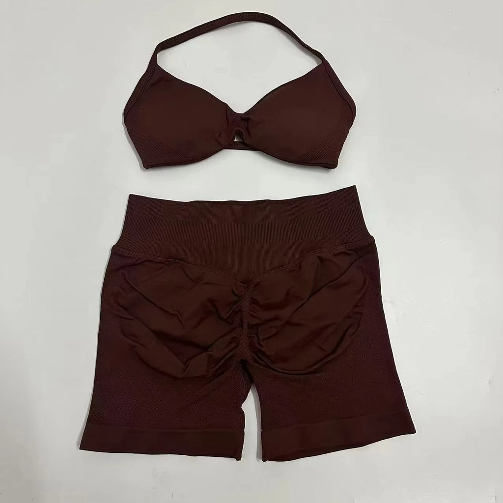 Seamless Sportswear Workout Set Women Two Piece Strappy Yoga Bra Top Scrunch Shorts Gym Clothes