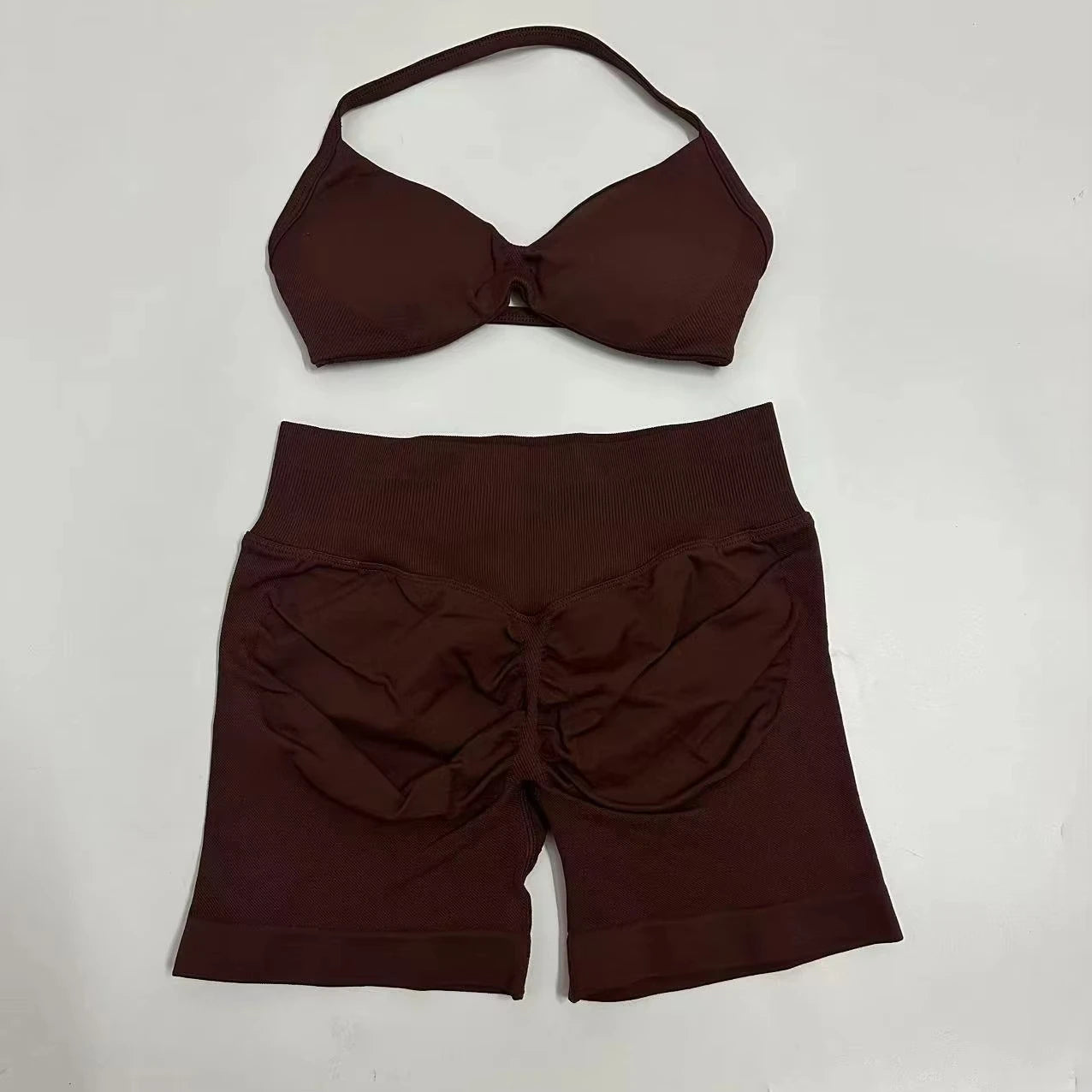 Seamless Sportswear Workout Set Women Two Piece Strappy Yoga Bra Top Scrunch Shorts Gym Clothes