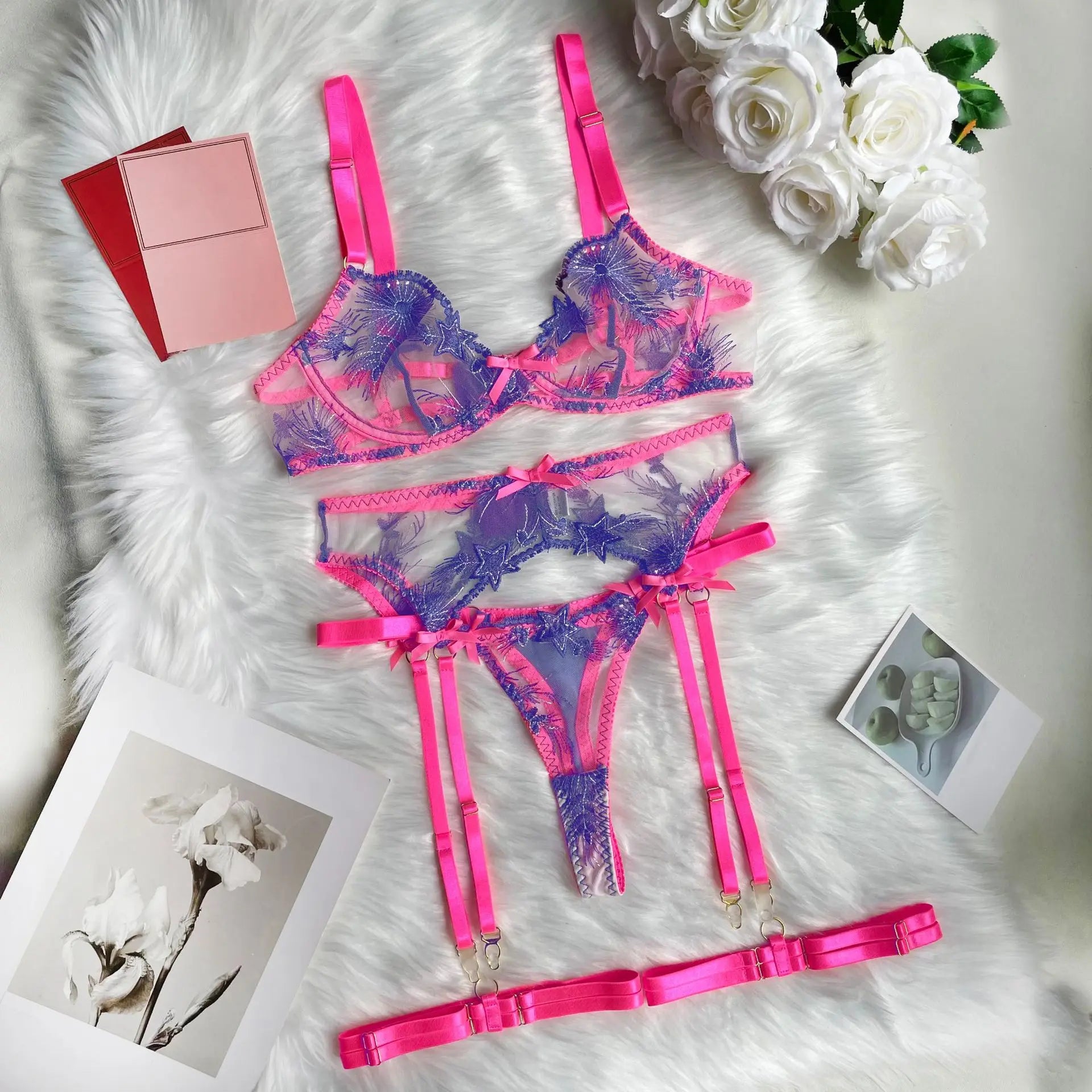 Ellolace Pink Fancy Lingerie Floral Luxury Lace See Through Underwear Sensual Garter Belt Set Contrast Color Fairy Outfit