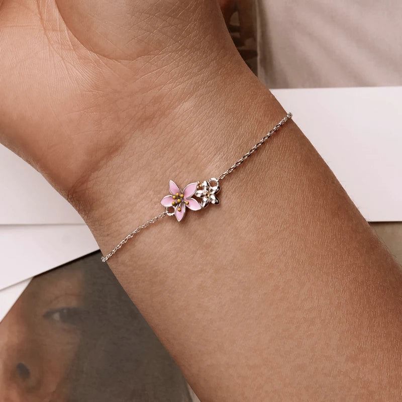 WOSTU 925 Sterling Silver Original Pink Sakura Bracelet Adjustable MINI Bracelet Chain Link Fit MINI Pendant Fashion Jewelry