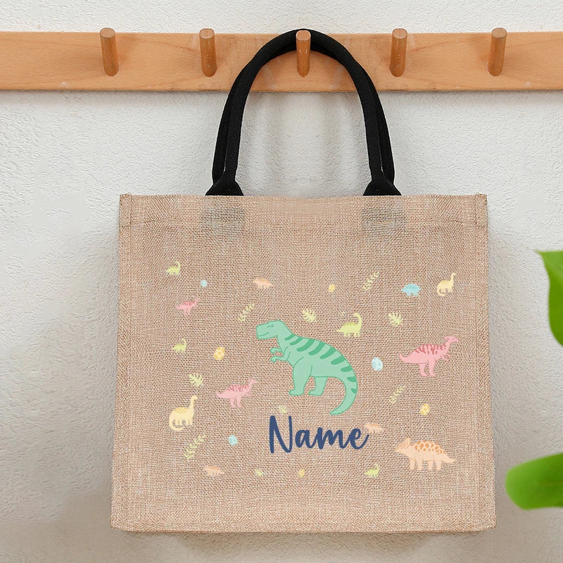 Customizable Name Pastel Dinosaur Vintage Circus Sea Animal Patterns Jute Tote with Hand Shopping Bag for Childrens Friends Gift