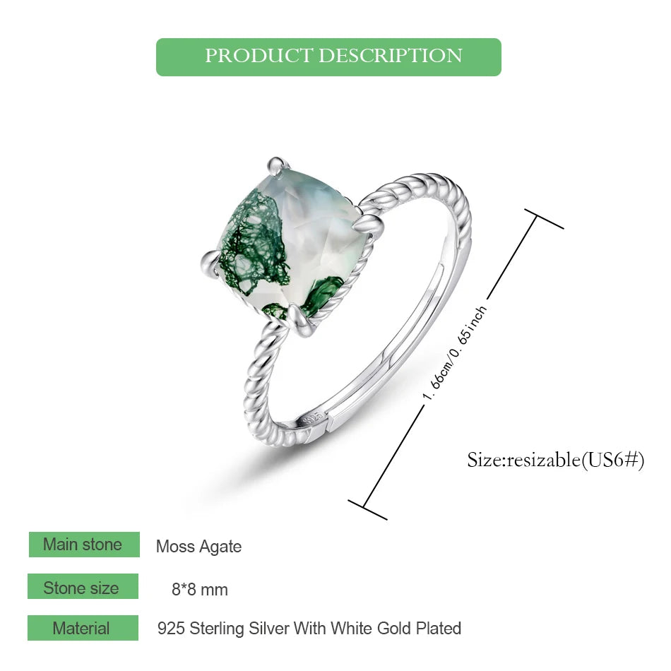 WES 925 Sterling Silver Open Ring for Woman Classic Unique Green Moss Agate Crystal Ring Engagement Gift Wholesale Oval Cut