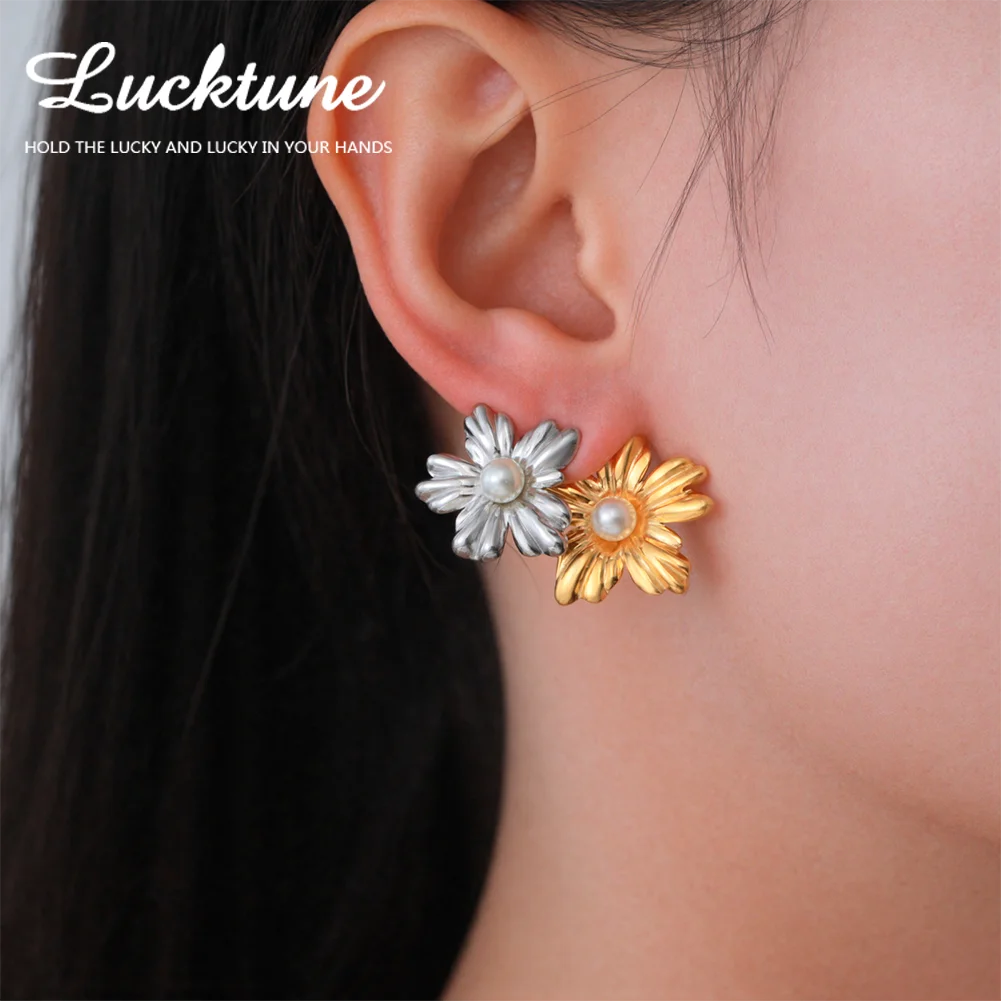 Lucktune Cute Flower Stud Earrings Stainless Steel Earrings For Women Luxury Gold Color Jewelry Woman Accesories Party Gifts