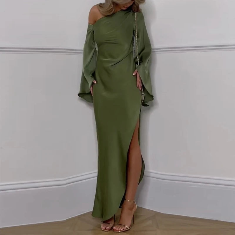 Sexy Oblique Shoulder Solid Irregular Dress Women Elegant Skew Collar Backless Long Dress Autumn Flare Sleeve Slit Party Dresses
