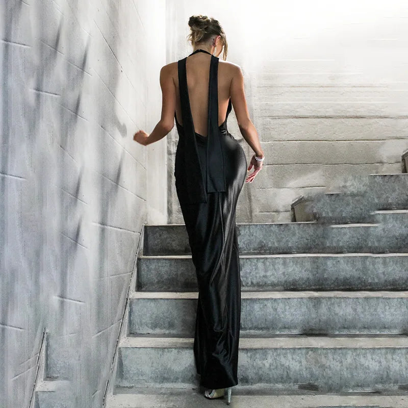 Sexy Satin Halter Dress - Ruched Slit Long Evening Gown