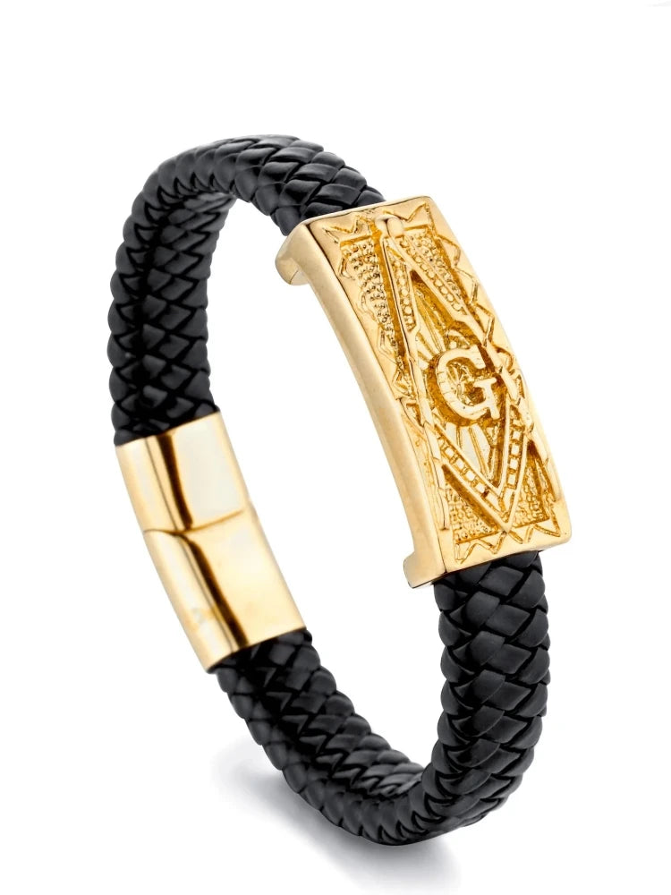 Vintage Braided Leather Masonic Totem Bracelet Men's Single Layer Leather Magnetic Bracelet Fashion Party Trendy Jewelry Gift