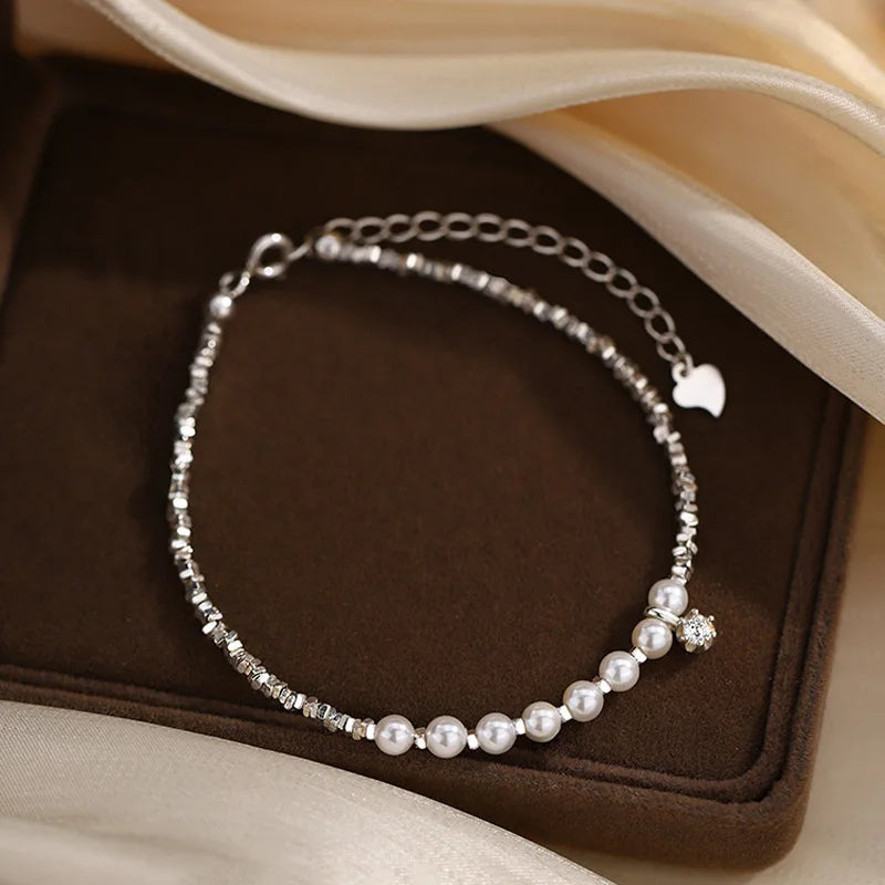New 925 Silver Geometric Bead Pearl Punk Irregular Asymmetric Adjustable Bracelet For Woman Girl Fashion Jewelry Gift Dropship