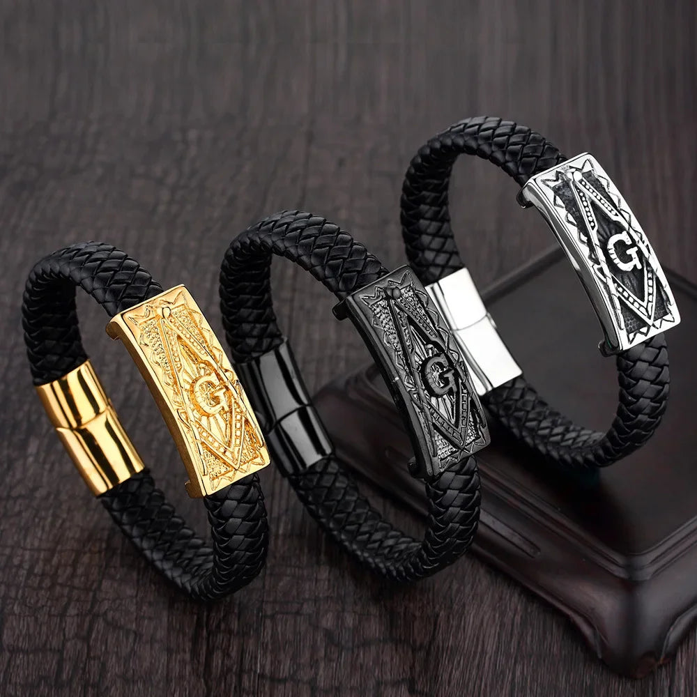 Vintage Braided Leather Masonic Totem Bracelet Men's Single Layer Leather Magnetic Bracelet Fashion Party Trendy Jewelry Gift