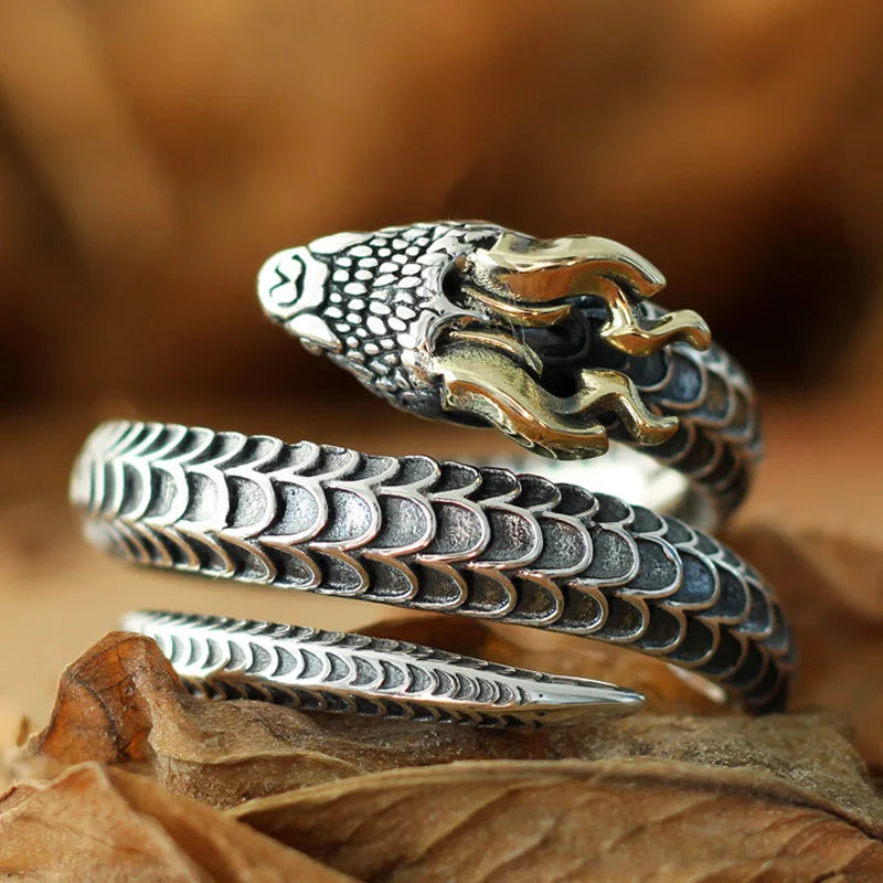 Buyee 925 Sterling Silver Male Big Ring Horned snake Open Ring Finger for Men Women Fashion Unique Rock Punk Fine Jewelry Circle