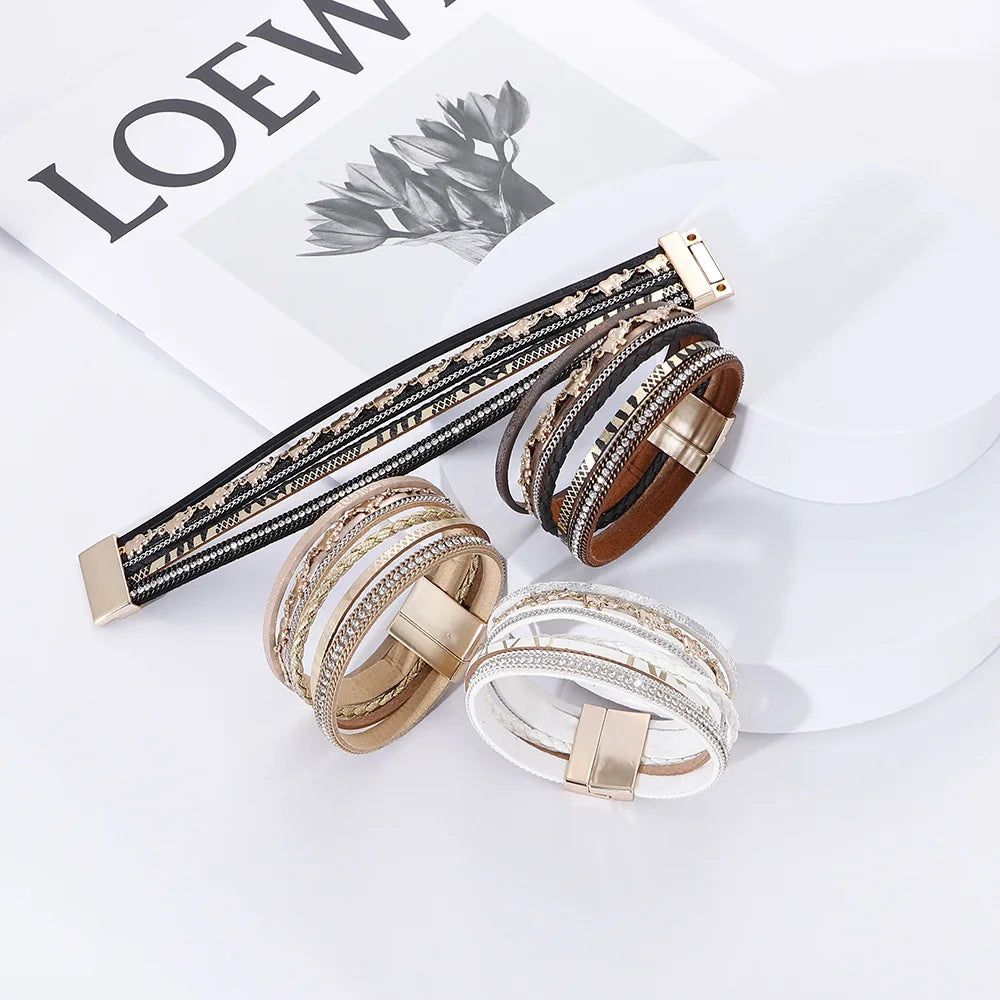 Fashion Elephant Pendant Hand-woven Leather Bracelet Ladies Ins Style with Rhinestone Magnet Clasp Bracelet